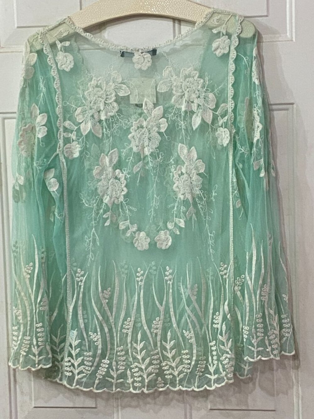 NEW BY TOGETHER Mesh Embroidered Top Blouse Tunic Long Sleeve Aqua/White - Picture 7 of 10